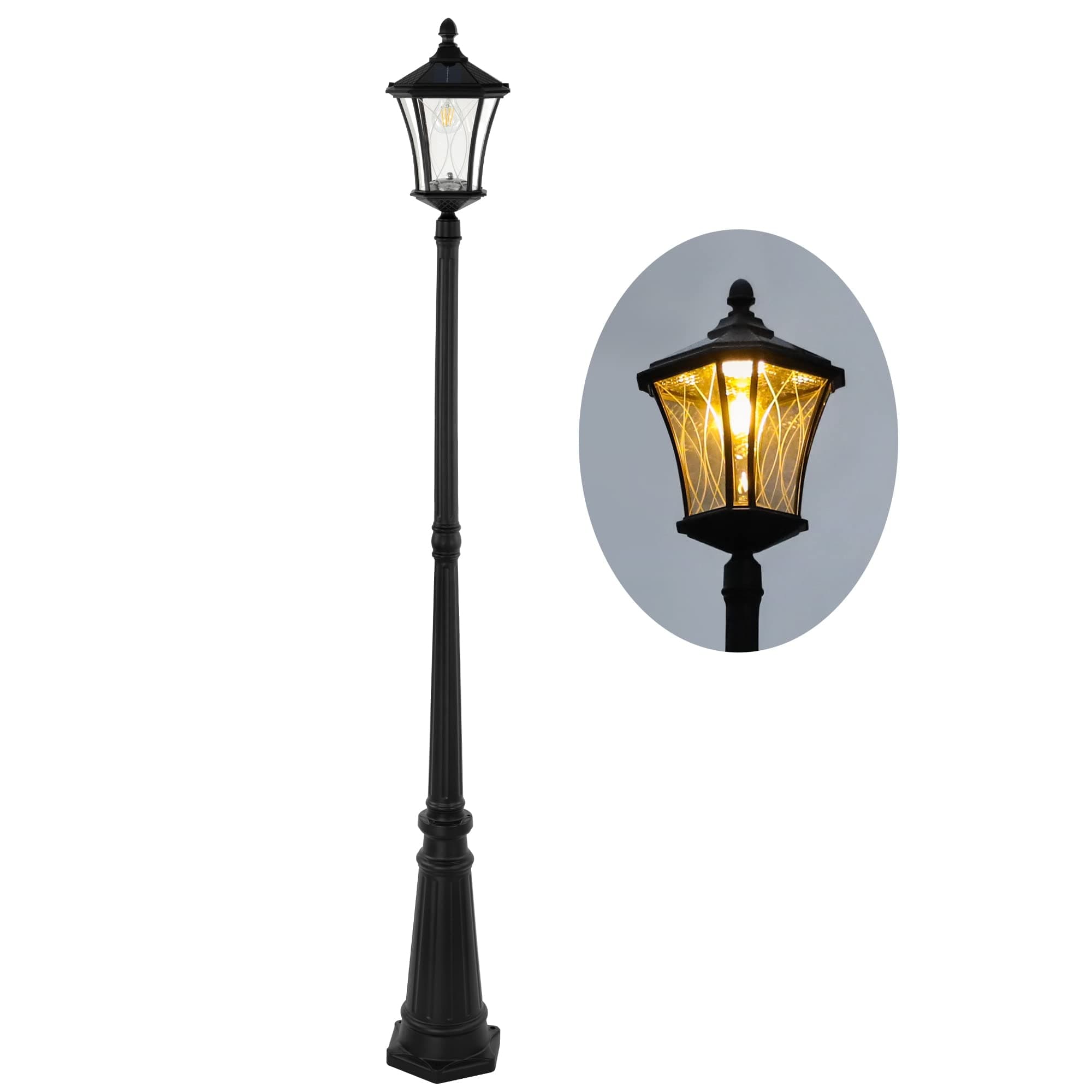 Outdoor Solar Lamp Post Light, Dusk to Dawn Waterproof Pole Light with Patterned Glass, Exterior Vintage Black Solar Powered Street Light Fixtures for Garden, Patio, Pathway, Yard
