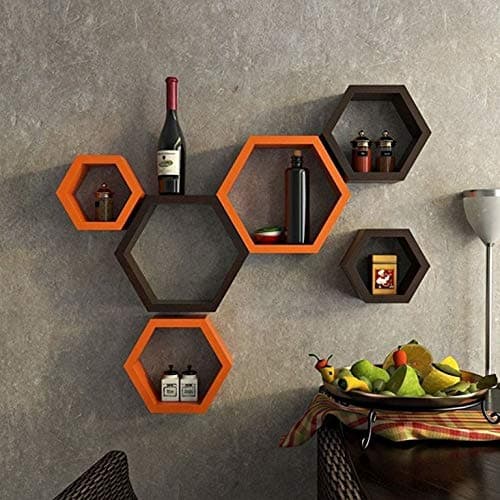Sponsored Ad - Amaze Shoppee Decorative Wooden Hexagon Shape Wall Shelf with 6 Shelves (Brown & Orange)