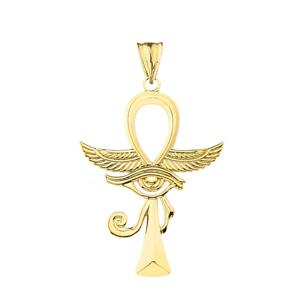 10K Gold Egyptian Ankh Cross with Eye of Horus Hieroglyphic Key of Life Charm Pendant - Choice of Metal Color