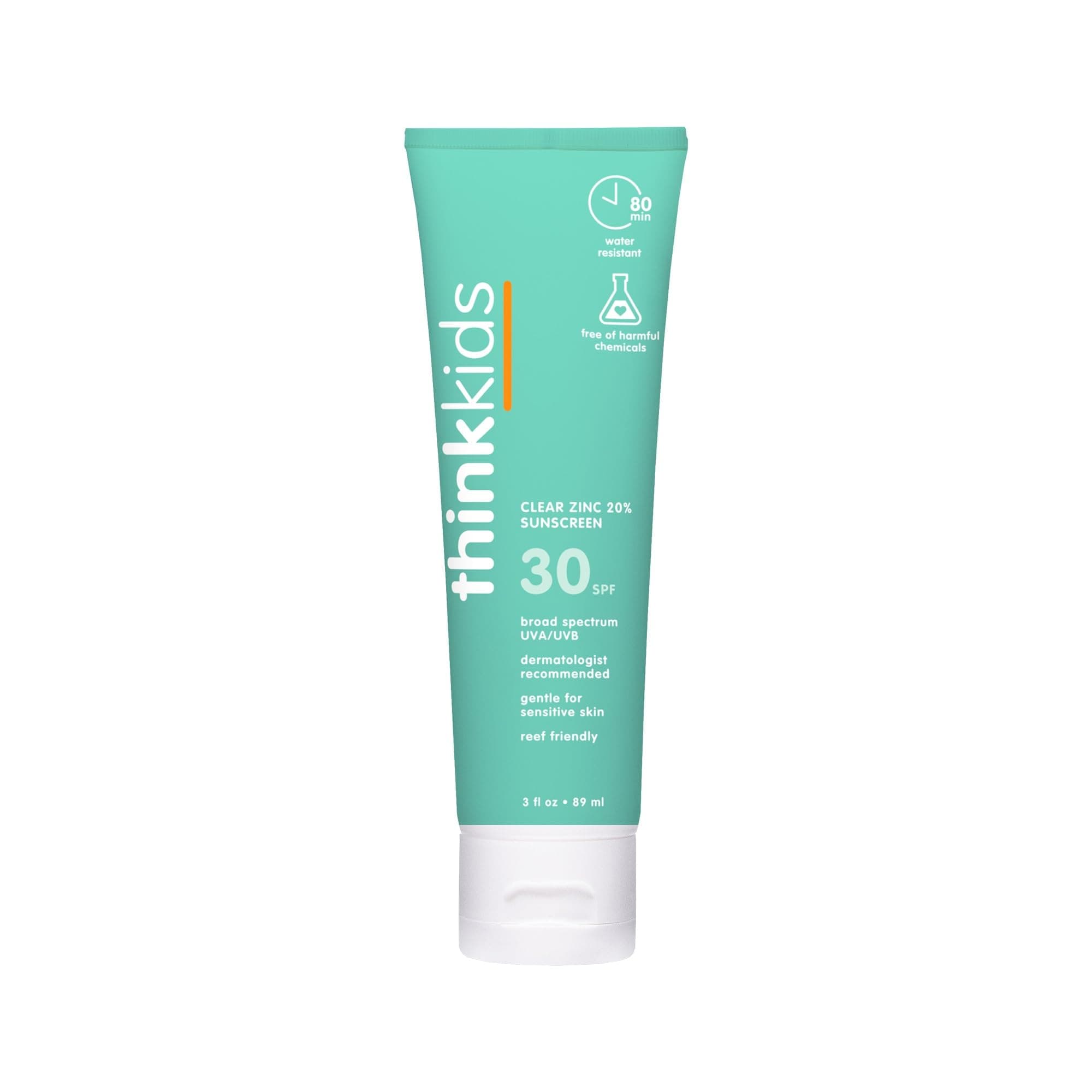 Thinkkids Mineral Sunscreen, SPF 30 Clear Zinc Oxide Sunscreen, 3 Fl Oz, Natural Reef Safe Sunscreen for Kids, Broad Spectrum UVA/UVB Sun Screen