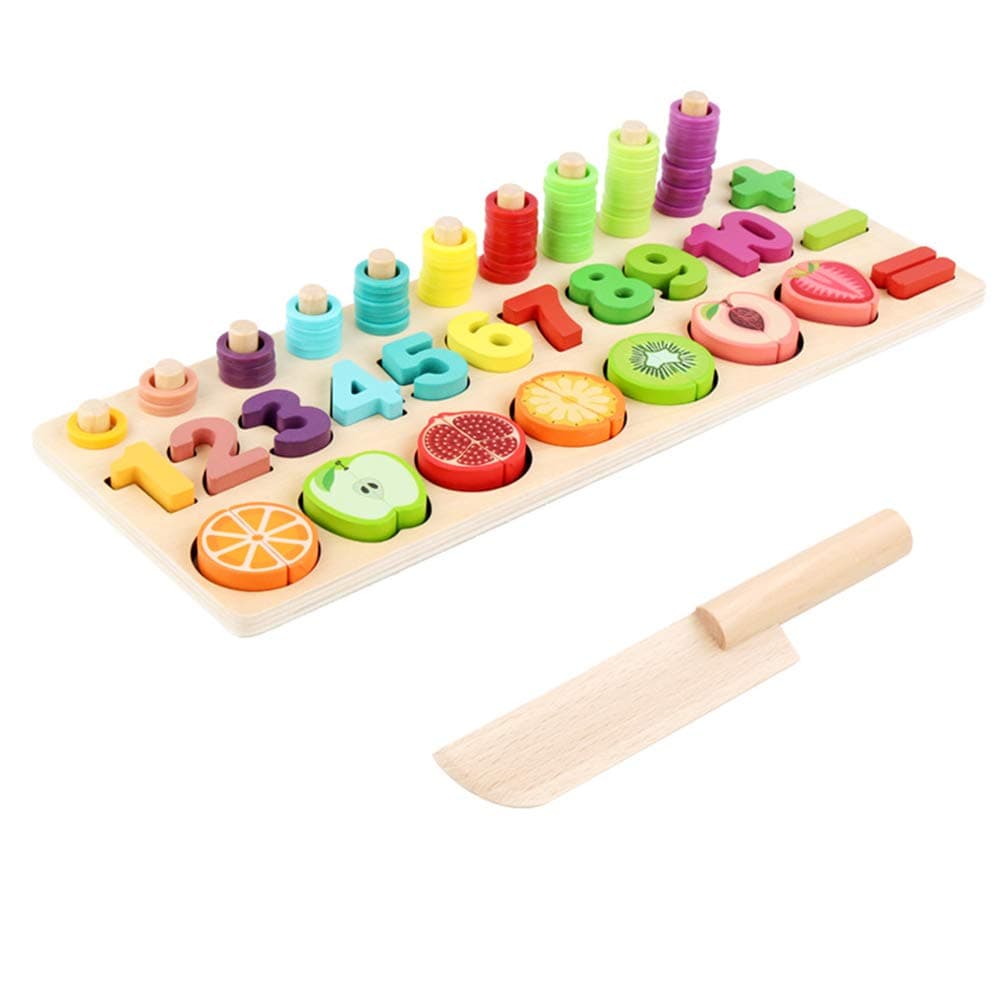 Wumudidi Wooden Cut Fruit Three-In-One Intellectual Toy, Children's Logarithmic Board Digital Color Cognitive Shape Matching