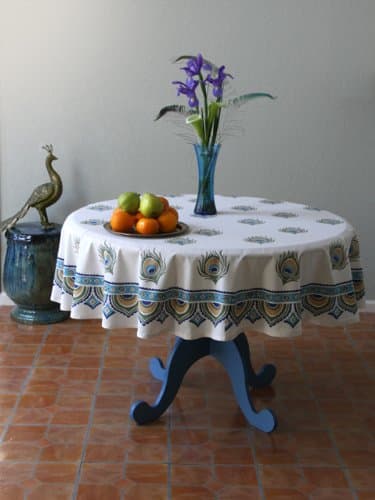 Dance O Peacock ~ Ivory Peacock Feather Elegant Round Tablecloth 90 Round