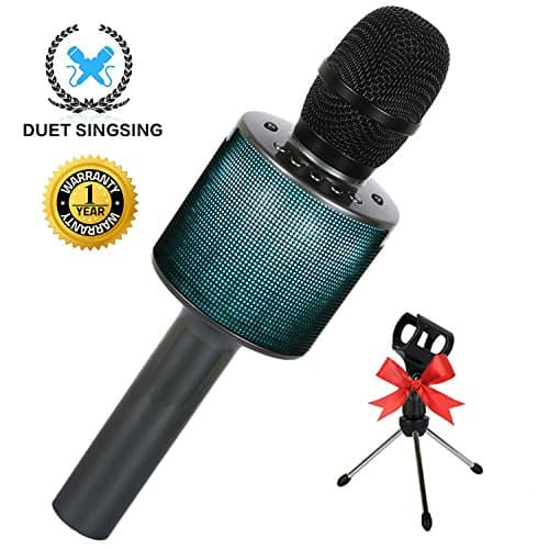 Wireless Bluetooth Karaoke Microphone for Kids Adults Family Singing with LED Lights Speaker Holder for iPhone Android iPad PC Microphones for Singing Home KTV Party - Titanium Gray Gold (1 PCS)