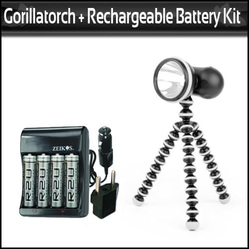 Joby FL1-01AM Gorillatorch Adjustable and Flexible Magnetic Tripod 65 Lumen Cree LED Flashlight, Gray + 4AA High Capacity (3100 mAH) Rechargeable NIMH Batteries With A/c Dc Charger