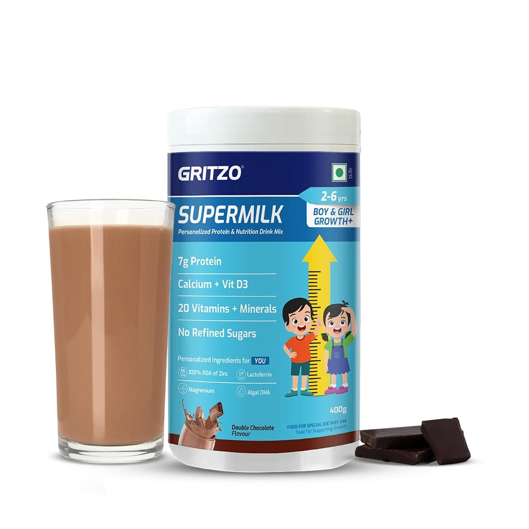 Gritzo SuperMilk Growth+ (Formerly Height+) (2-6y Boy & Girl), 7g Protein Powder (Double Chocolate, 400g) | Zero Refined Sugar, 20 Vitamins & Minerals