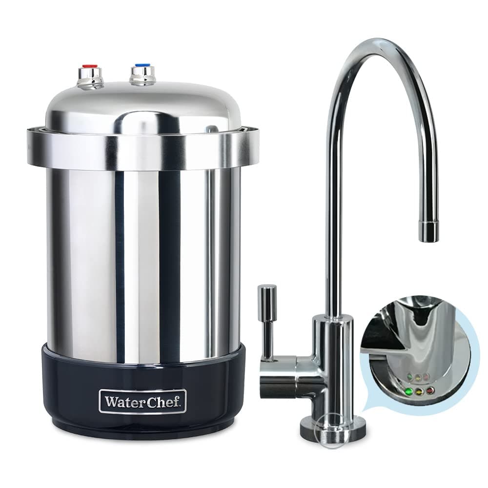 WaterChef U9000 Premium Under-Sink Water Filtration System w/Intelligent Monitor & Designer Series Faucet (Chrome), NSF/ANSI Certified for 78 Contaminants, 1,000 Gal., Stainless, Made in USA