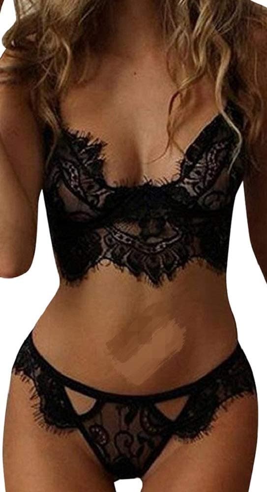 UMIPUBO Women's Lingerie Sets Lace Push up 2 Piece Bra and Panty Set Embroidered Sleepwear See Through Underwear Nightwear Black