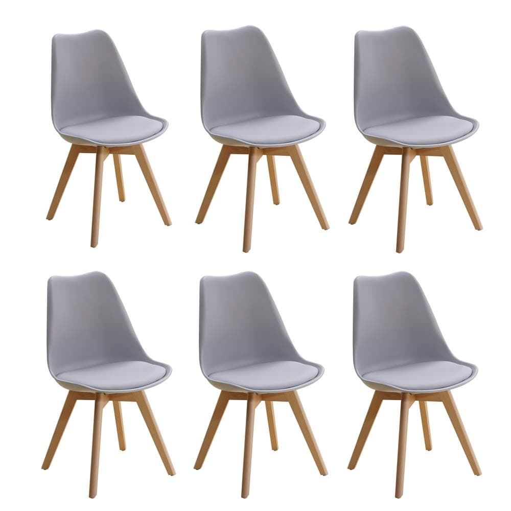 Set of 6 Modern Design Dining Chairs, with Cushioned PU Seat and Solid Wood Legs Retro Lorenzo Lounge Chair (Grey)