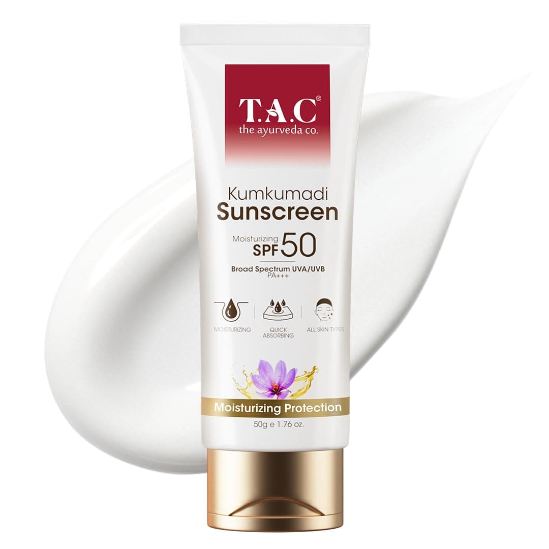 TAC - The Ayurveda Co. Kumkumadi Sunscreen Ultra Light SPF 50 with UVA/UVB PA+++, for Sun Protection, Dull & Dry Skin, for Women & Men, All Skin Types, 50gm
