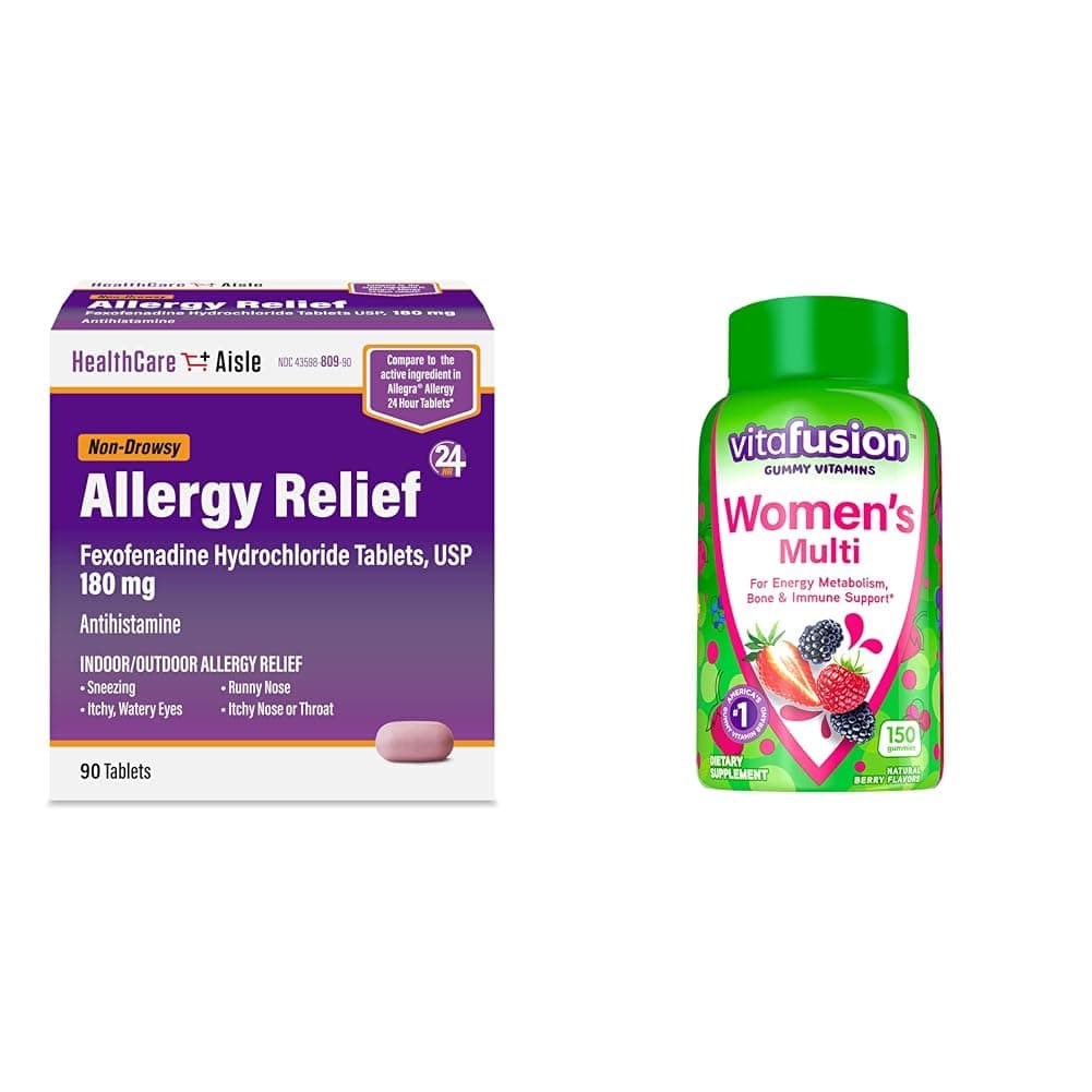HealthCareAisle Allergy Relief 180mg Tablets 90 Count and Vitafusion Women's Multivitamin Gummies Berry Flavored 150 Count