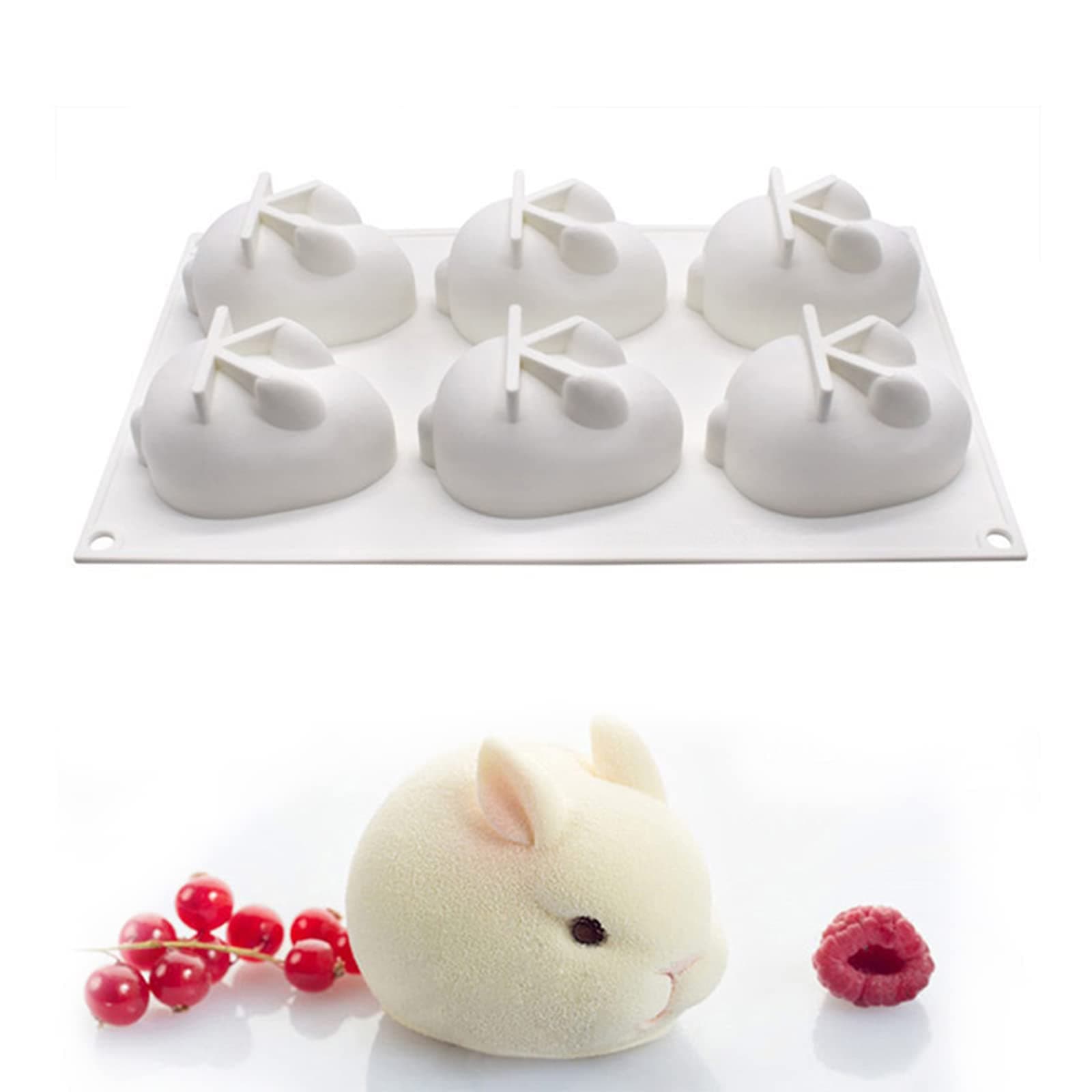 6 Even Silicone Rabbit Bunny Mousse Cake Mold 3D Animal Modeling Candy Molds DIY Cake Decorative Baking Tools for Chocolate, Soap, jello, Candy, Fondant, Crayon, Lotion Bar French Dessert Cake Topper