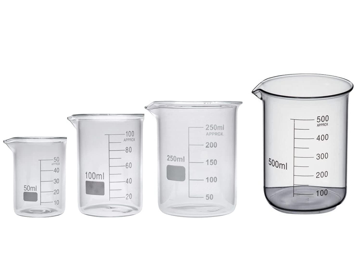 ENVICARE™ Borosilicate 3.3 Glass Beaker 50ml, 100ml, 250ml, 500ml with +0.5/-0.5 Tolerance (Complete Graduated Mark) Pack of 4 Beakers by ENVICARE™