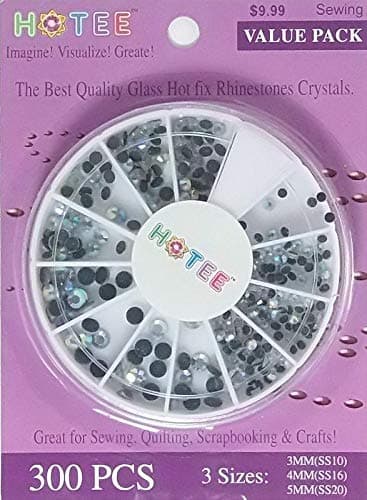 HOTEE Hotfix Rhinestones Glass Crystals- 3 sizes with Free Storage Case- Great for Quilting, Sewing, Scrapbooking, Renaissance Costumes & crafts- VALUE PACK 300 pcs- Crystal AB-Aurora Borealis rainbow