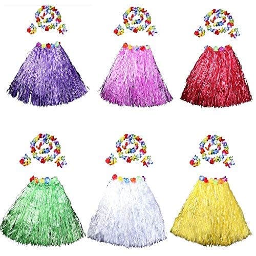 HLJgift 24'' Long Adult's Flowered Luau Hula Skirts With Costume Set Pack of 6, Assorted Colors