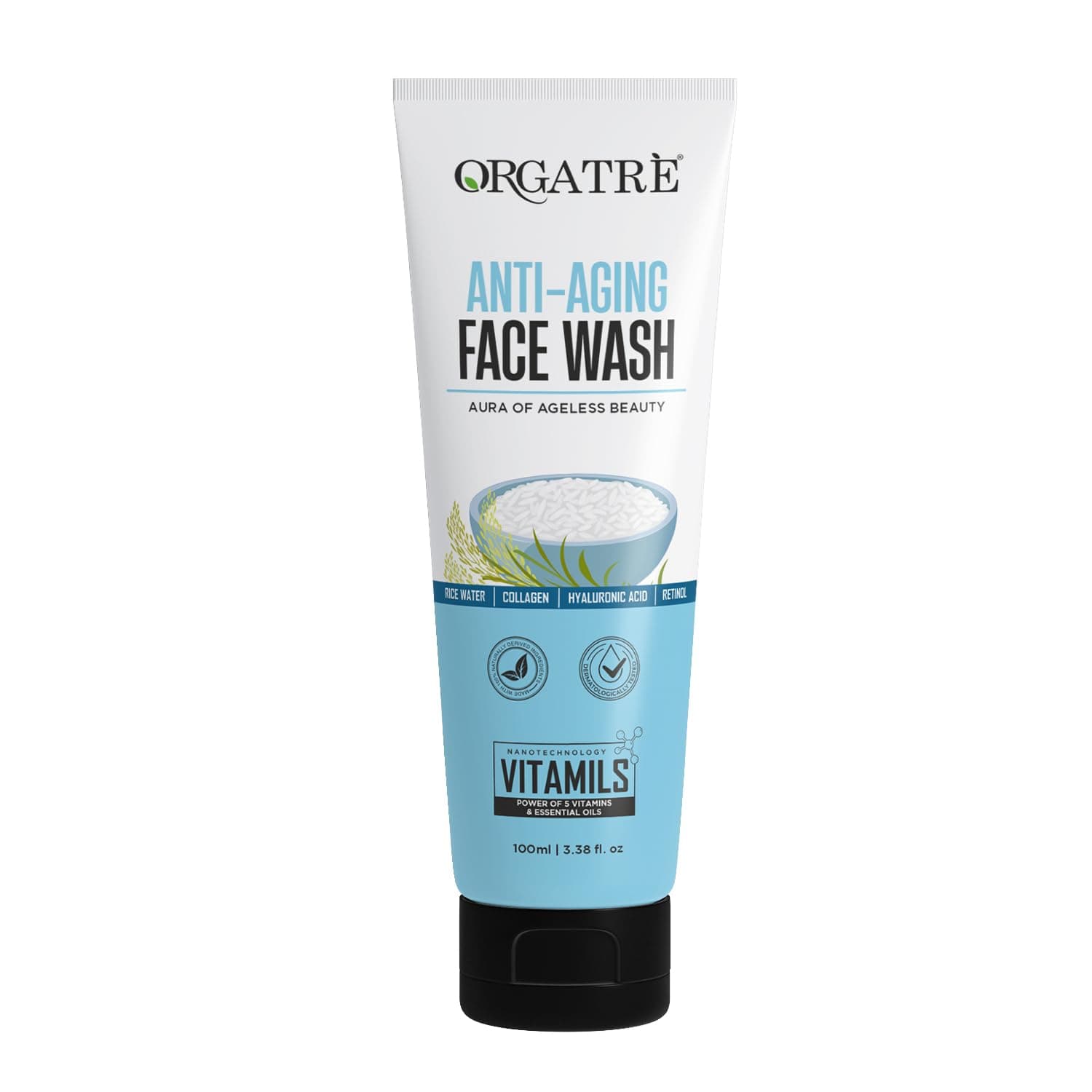 Orgatre Anti-Aging Face Wash for Men & Women | With Rice Water, Collagen, Hyaluronic Acid & Retinol | Gentle Cleanser for Wrinkles, Fine Lines, Hydration & Youthful Glow | 100 ml