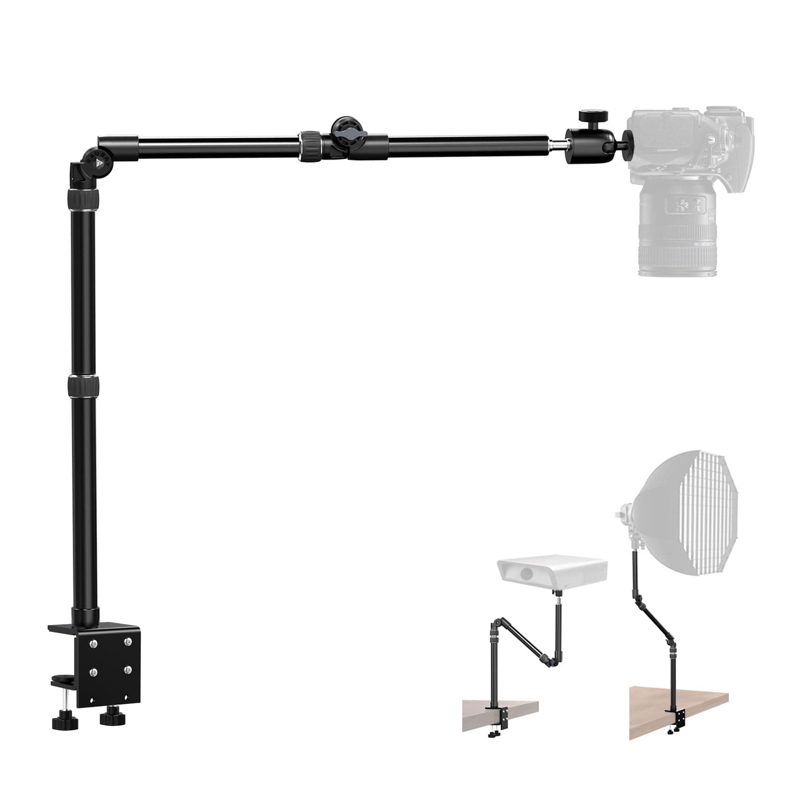 【All Metal】RAUBAY Desktop Magic Arm, Overhead Camera Desk Mount, Table Light Stand with 1/4“ Ball Head, 3/8" & 5/8" Adapter, C Clamp, Retractable Boom Arm for DSLR, Webcam, Microphone, Projector DMA01