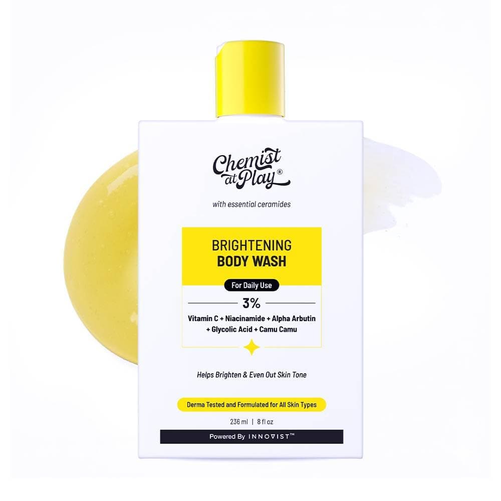 Chemist at Play Brightening Body Wash | Glowing Skin Vitamin C Bodywash | Helps to Reduce Fades Dark Spots, Evens out Skin Tone | Alpha Arbutin | 30X Vitamin C with Camu Camu | For Women & Men | 236ml