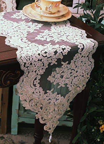 FabricSonata Imperial Lace Table Runner, Ivory Gold Crystal Beads Interior Decoration,Wedding Gift(11 in X 59 in, 29 cm X 150 cm) Hand Made, Table Clothes