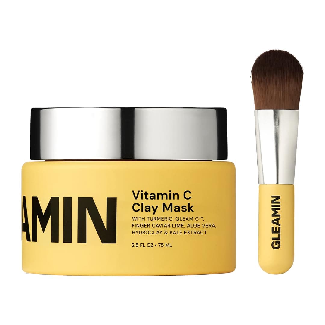 Gleamin Vitamin C Clay Mask - 10-Minutes for Dark Spots, Turmeric Face Mask Skin Care, Deep Cleansing Pores - Facial Improves Uneven Tone, Post-Blemish, Visibly Brighten, Scarring and Texture - 2.5 Oz