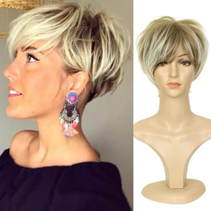 QUEENTAS Short Blonde Wig Pixie Cut Layered Short Hair Wigs for Women Synthetic Hair with Bangs Ladies Wigs UK (Brown Mixed Blonde)