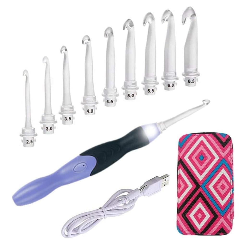 Yarniss Lighted Crochet Hooks Set- Rechargeable Crochet Hook with Latest Case, 9 in 1 Interchangeable Heads Crochet Hook with Sewing Tool Accessories(Red)