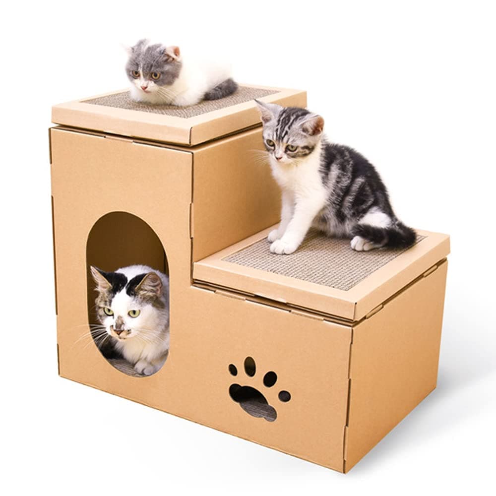 Cat House Pet Supplies Double Ladder Corrugated Paper Cat Scratch Board Cat Litter Claw Toy Cat Pet Supplies Pets Houses Self-Assembled Bed for Indoor Outdoor Kitty