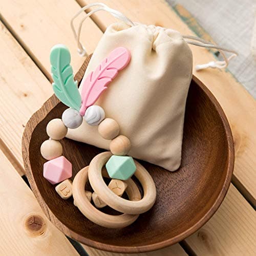 Baby Teether, Organic Baby Teething Toy, Silicone and Wooden Baby Teething Ring, BPA-Free Food-Grade Silicone Teething Beads, Organic Kids Molar Bracelet Made of Natural Wood