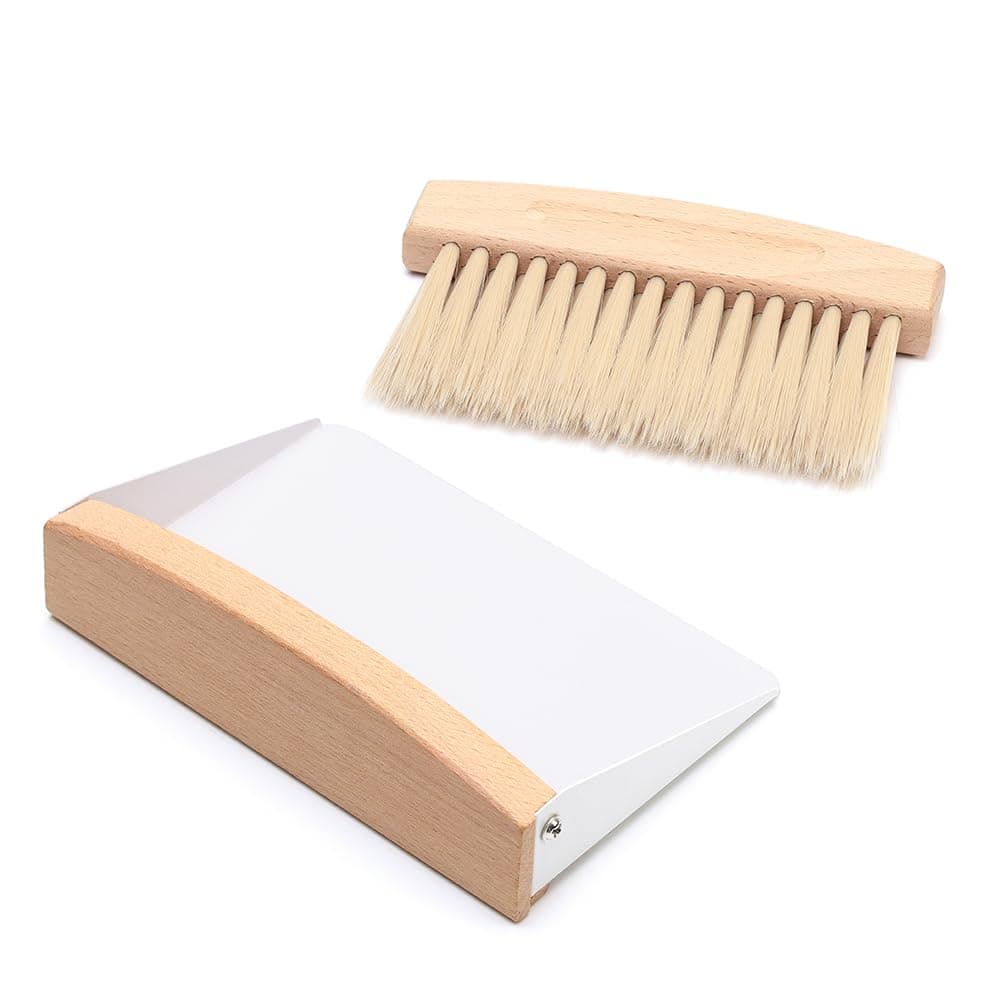 Jepich Mini Dustpan and Brush Set Wood Small Metal Dust Pan Natural Table Top Handy Brush for Sweeping