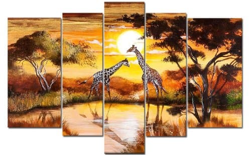 Sangu 100% Hand Painted Wood Framed Giraffe Meeting in Middle Africa Home Decoration Paintings For Living Room Gift on Canvas 5-piece Art Wall Decor
