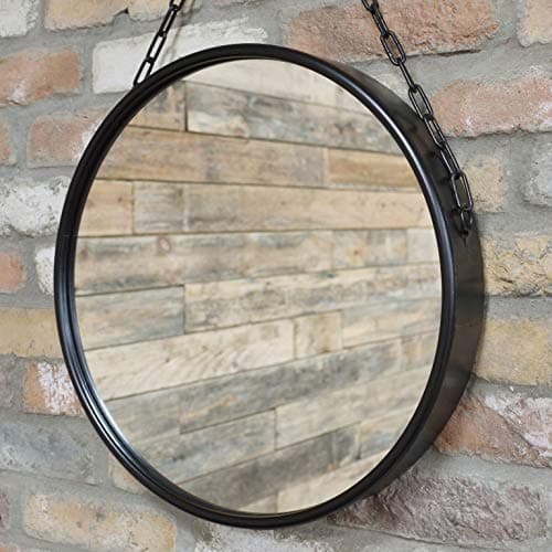 Get Goods Round Industrial Mirror Black Metal Frame Hanging Chain Wall Mounted Retro Decor