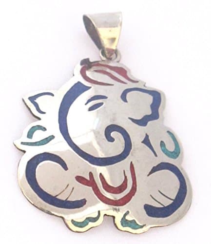 Tibetan silver Ganesha pendant from Nepal with turquoise coral and lapis inlay - PM171