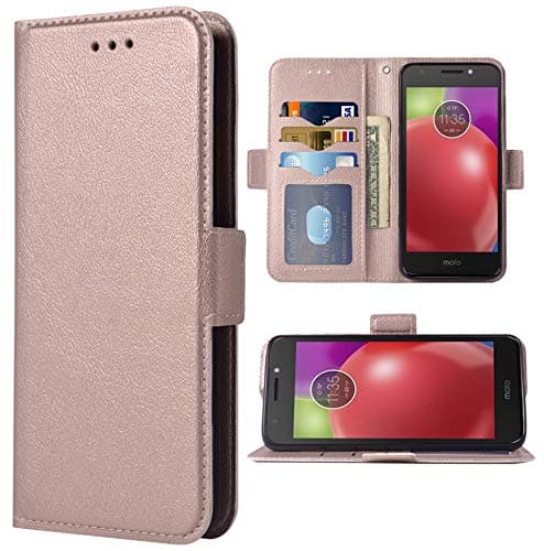Phone Case for Moto E4 Folio Flip Wallet Case,PU Leather Credit Card Holder Slots Full Body Protection Kickstand Protective Phone Cover for Motorola MotoE4 E 4 4E 4th Generation Gen XT1768 Rose Gold