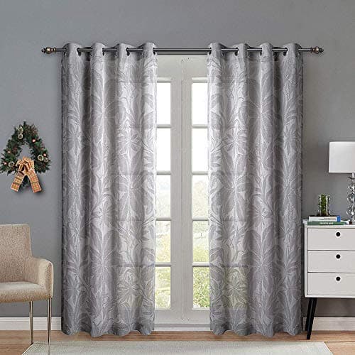 SINGINGLORY Grey Sheer Curtains, Moroccan Jacquard Semi Sheer Grommet Window Curtains for Bedroom and Living Room, Set of 2 (52 x 84 Inch, Palm Leaves)