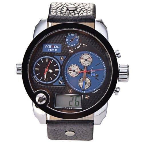 Big Style WEIDE Oversized XXL Army Men Steel Case Leather Band Sport Electric Wrist Watch - Blue Dial