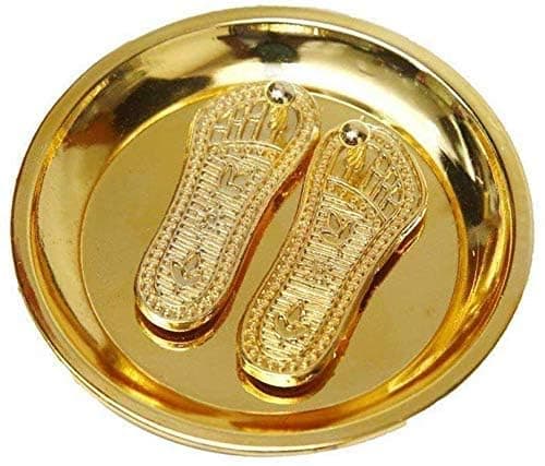 LAXMI JI CHARAN Brass Shree Maa Laxmi Charan Paduka on a Plate for Prosperity for Puja Decoration & Return Gifts (Size: 3.5" Golden)