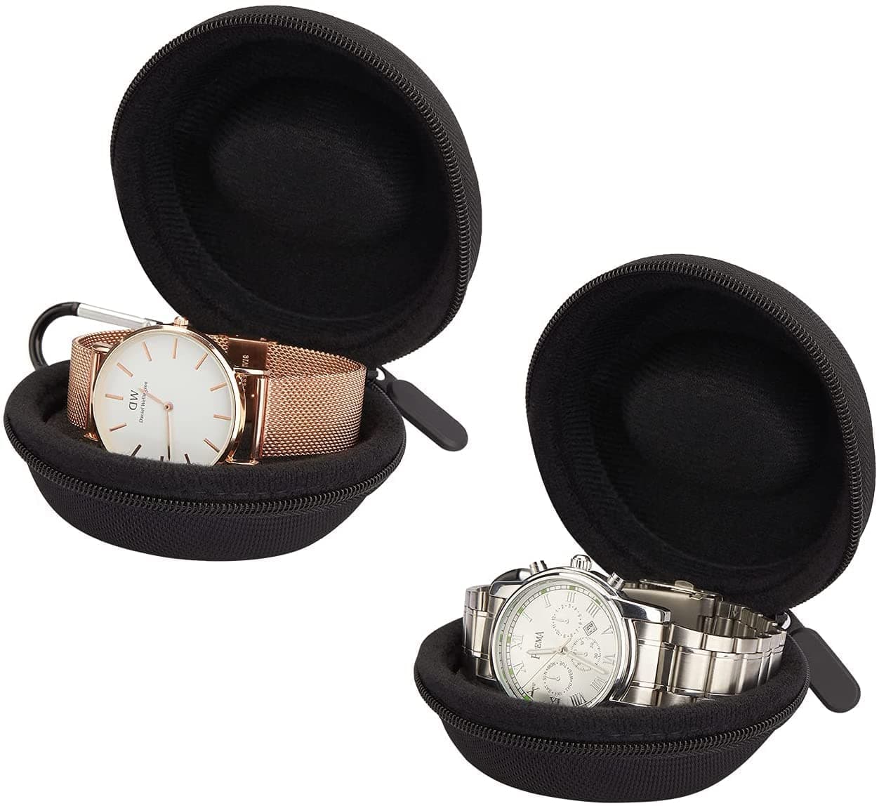 2 Travel Watch Case ,Single Watch Box w/Zipper for Storage,Cushioned Round Portable Watch Case, Fits All Wristwatches and Smart Watches up to 50mm (Black)