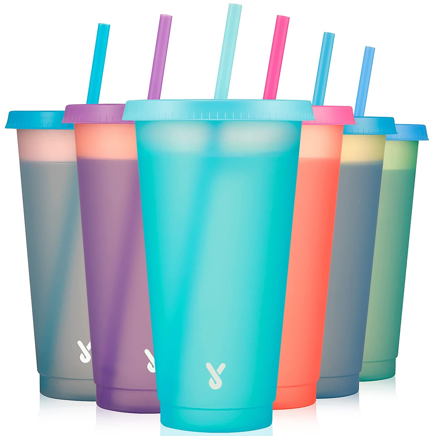 Meoky Plastic Cute Cold Cups with Lids and Straws Bulk for Iced Coffee - 6 Pack 24 oz Color Changing Reusable for Adults Kid Women Party