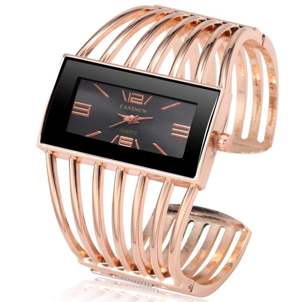 Women Luxury Cuff Bracelet Rectangular Dial Hollow Analog Quartz Wrist Watch for Ladies