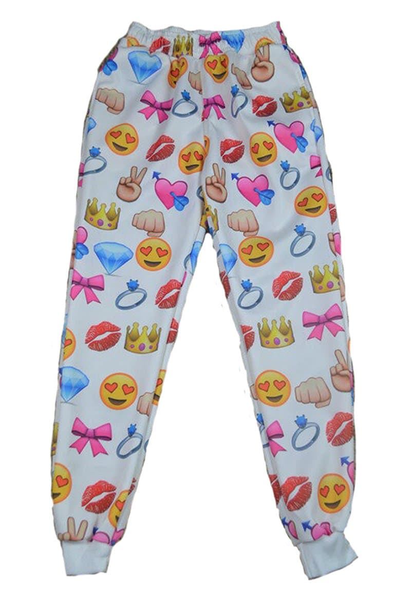 EAST KNITTING Womens Emoji Emoticon Jogging 3D Sweatpants X-Large White