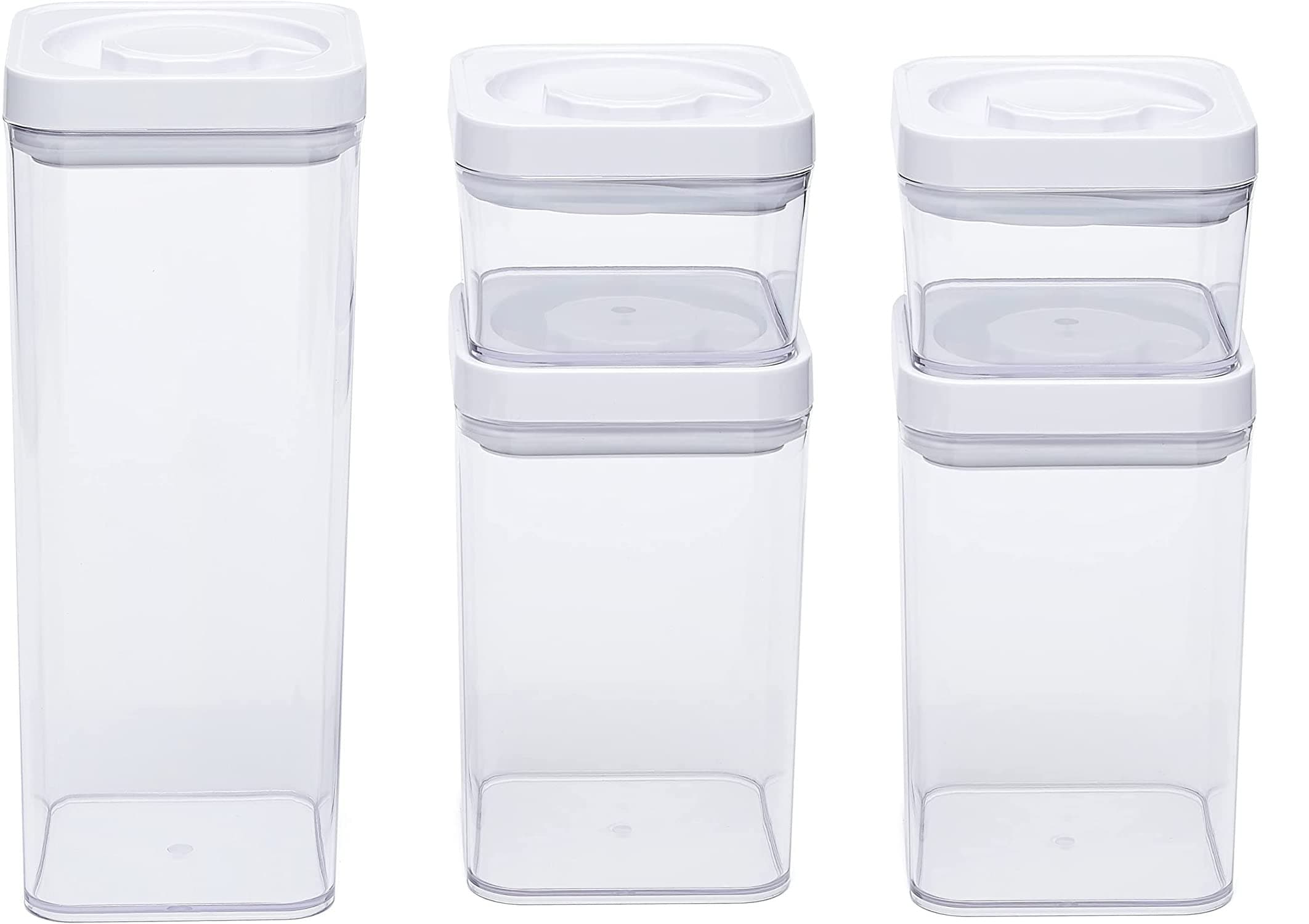 Amazon Basics 5-Piece Square Airtight Food Storage Containers for Kitchen Pantry Organization, BPA Free Plastic, Clear, White