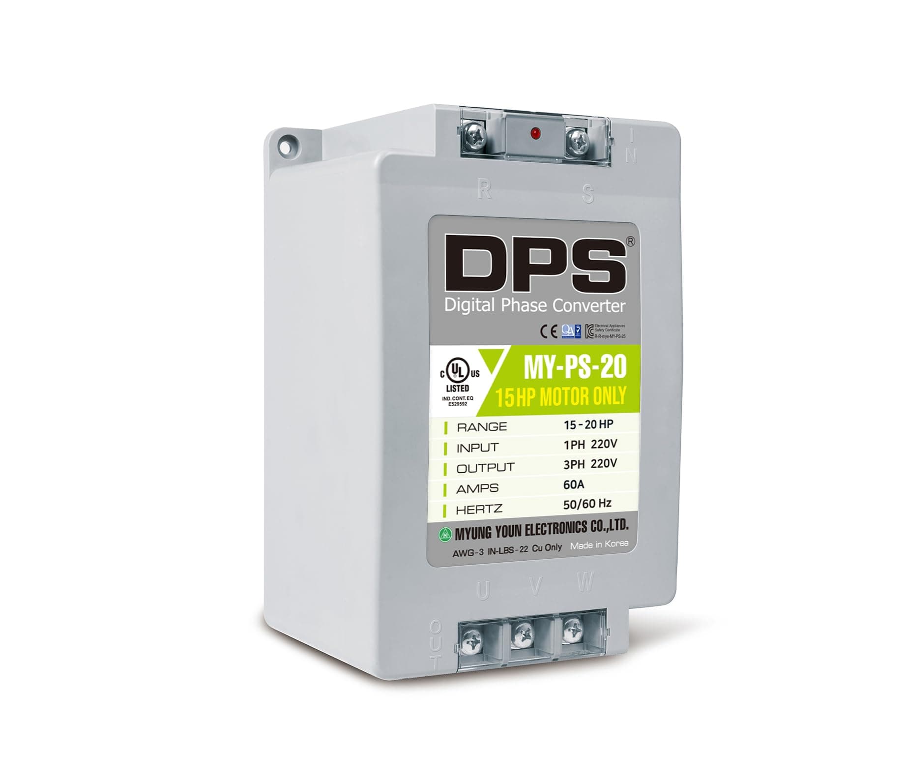DPS 20HP MY-PS-20 Used for 15HP(11kW) 45A Motor, Single to 3 Phase Converter, 1 DPS Must Be Used for 1 Motor Only, Input/Output 200-240V, UL Listed