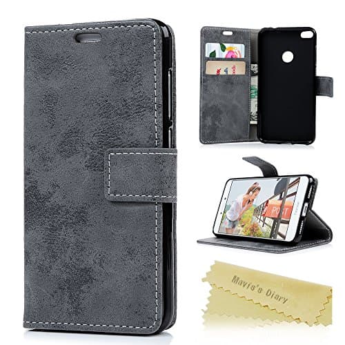 Mavis's Diary Huawei P8 Lite 2017 Case ,P8 Lite Flip Case (2017 Model) - Chic Retro Wallet PU Leather Flip Cover Silicone Rubber Back Holder Case Magnetic Closure Card Slots & Stand - Grey (Not for 2015 Model)