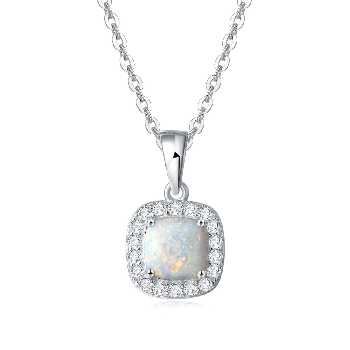 Carleen 14K White Gold Plated 925 Sterling Silver CZ Cubic Zirconia/Created Opal Halo Pendant Necklace for Women Girls, 18" Silver Chain (Square Created Opal)