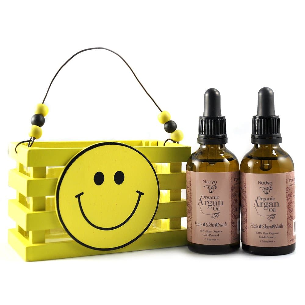 NADYA Pure Organic Argan Oil with Wooden Smile Face Crate Gift Set