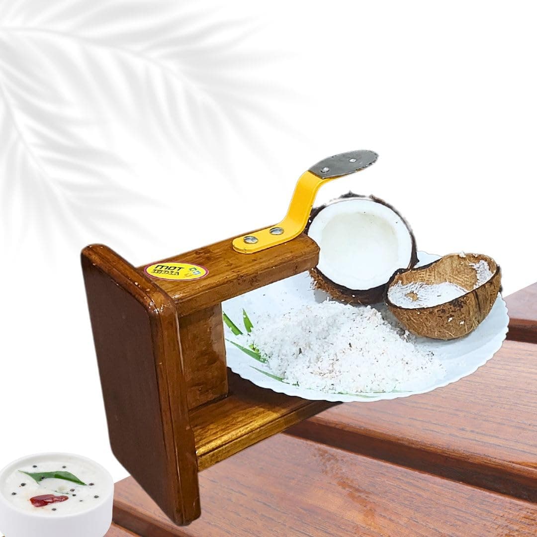 MDT India™ Coconut Scraper Polished Teak Wood Table TopThengai Thuruvi Movable Chirava