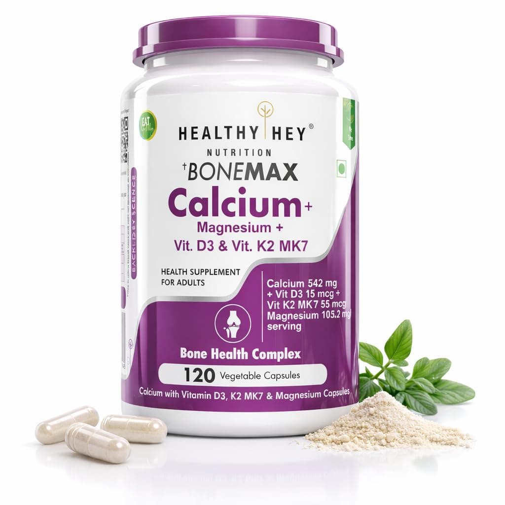 HealthyHey Nutrition Calcium And Vitamin D3 Capsules | Calcium Capsules For Women & Men | Calcium Magnesium Supplements with Vitamin D3 + K2 MK7 - Bone Health & Joint Support (120 Capsules | 100% Veg)