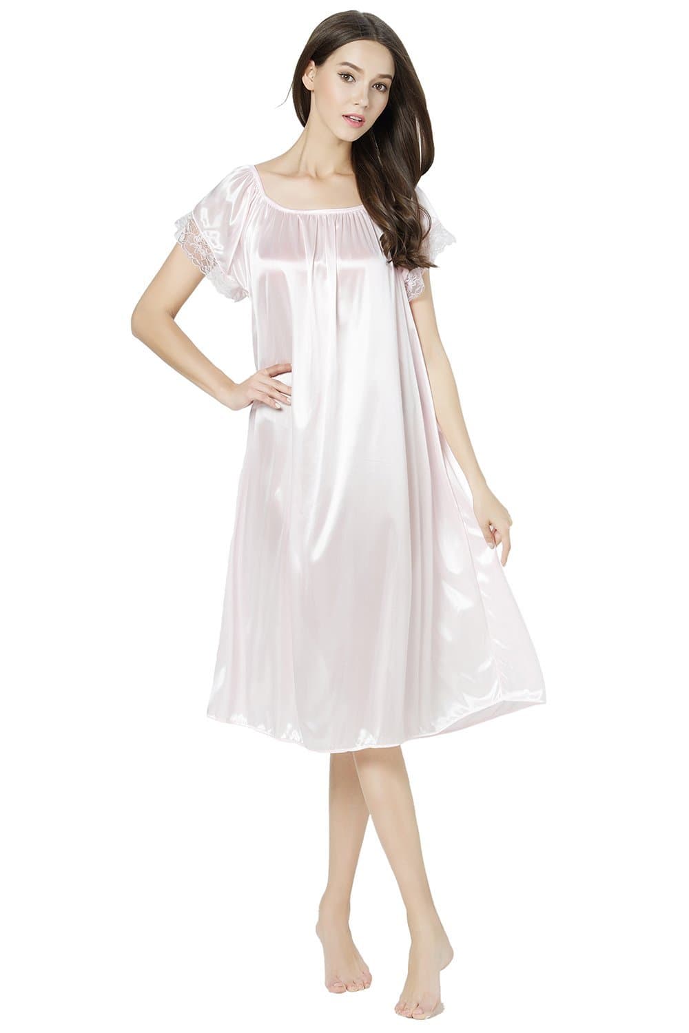 ChancenWomen's Short Sleeve Lace Trim Satin Silky Long Nightgown Sleepwear Dress (Light Pink)
