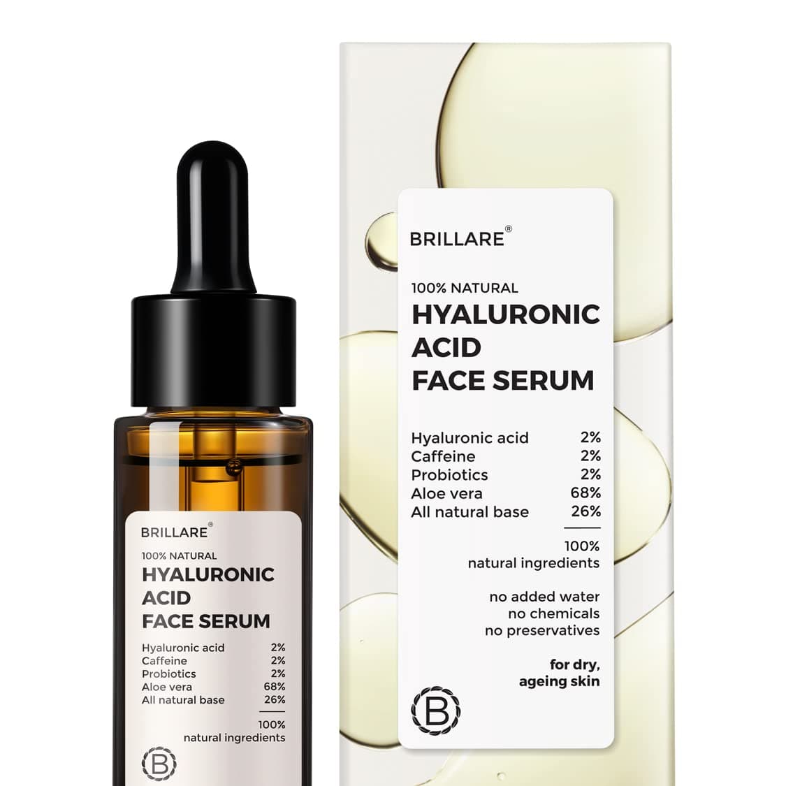 2% Hyaluronic Acid Face Serum | Deep Hydration & Anti-Aging | With 2% Caffeine & 2% Probiotics | Serum for Dry Skin & Dull, Aging Face | Visible Results in 7 Days