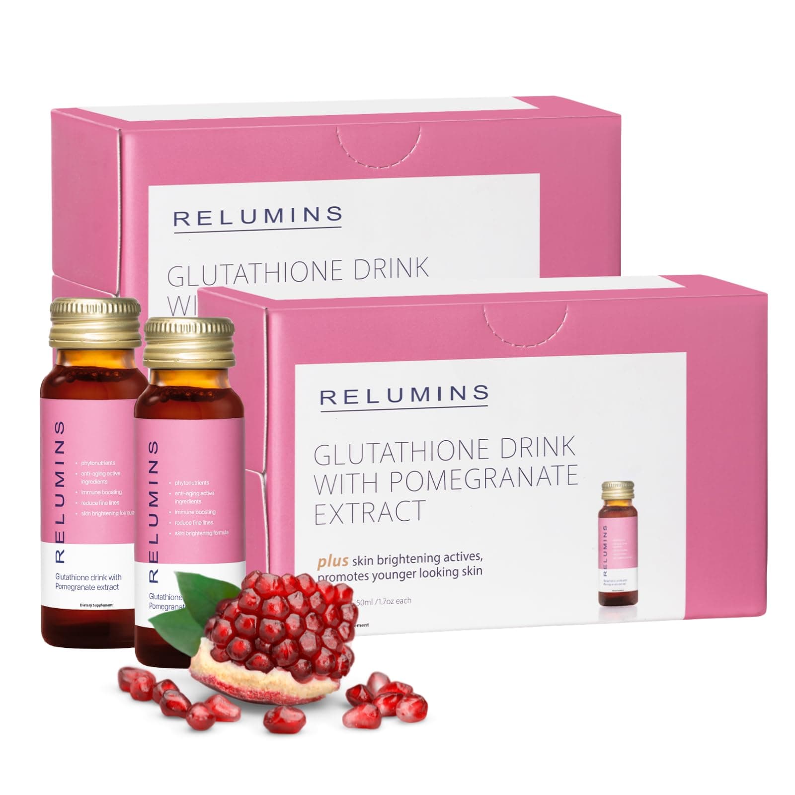 Relumins Beauty Glutathione Drink- Helps Reduce Visibility of Dark Spots, Brightens and Firms Skin, Boosts Skin Collagen Content, Increases Skin Moisture - Pomegranate Flavor Ten 50mL Drinks x 2 Packs