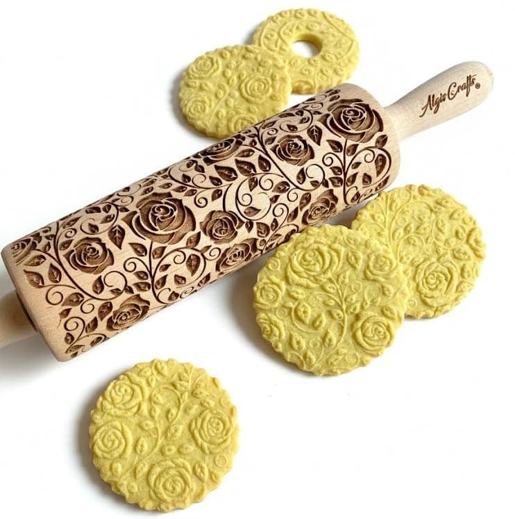 DAMASCUS ROSES Embossed Rolling Pin Wooden Embossing Dough Roller for Cookies and Ceramic by Algis Crafts